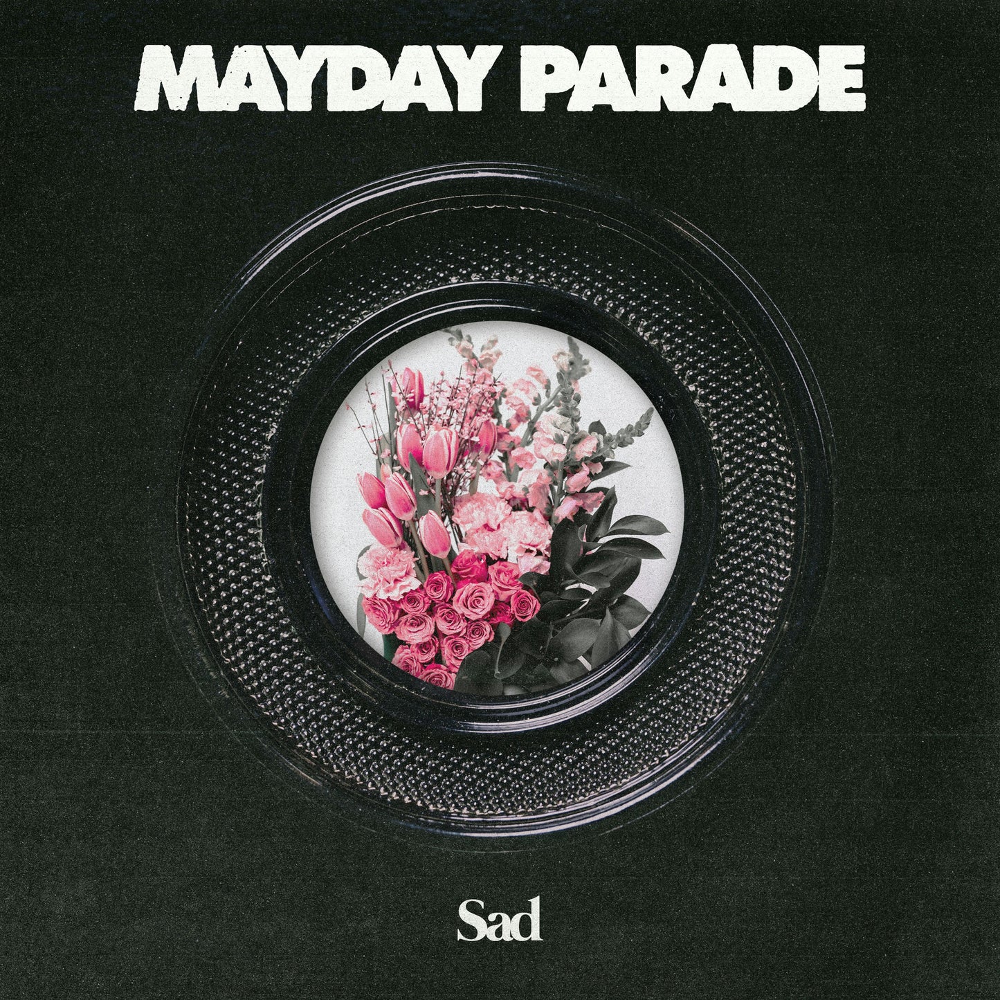 Mayday Parade “Sad” album cover: flowers in a circular, textured frame.