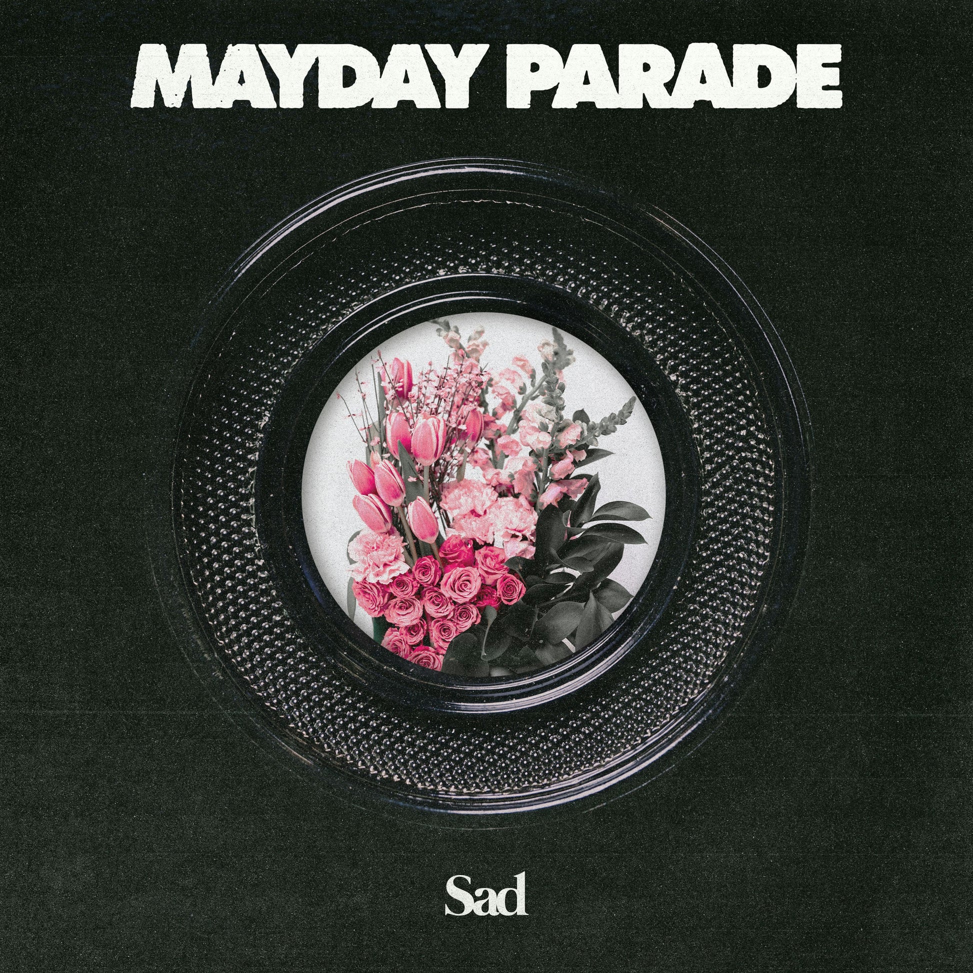 Mayday Parade “Sad” album cover: flowers in a circular, textured frame.