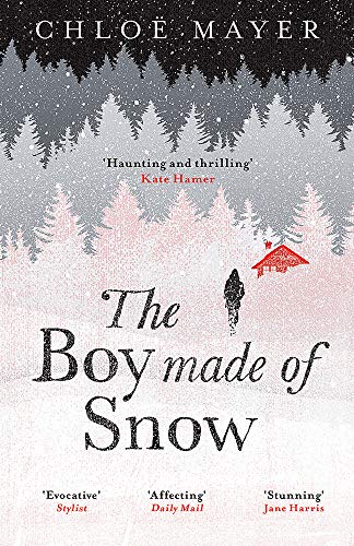 Book cover: snowy forest, silhouette of a boy, and a red cabin.