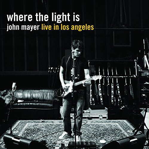 John Mayer playing guitar on stage, black and white album cover.