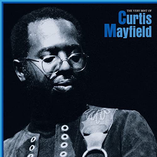 Curtis Mayfield portrait album cover, blue border, vinyl record.