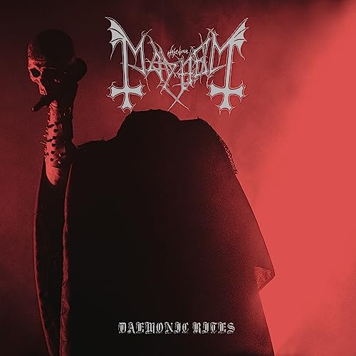 Mayhem album cover: skull, hooded figure, and band logo on a red background.
