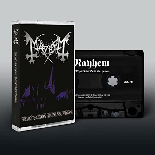 Cassette tape with dark or ominous artwork and Mayhem or Dom Sathanas text.