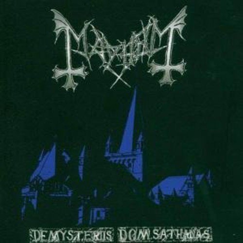 Mayhem album cover: dark forest, church silhouette, and band logo.