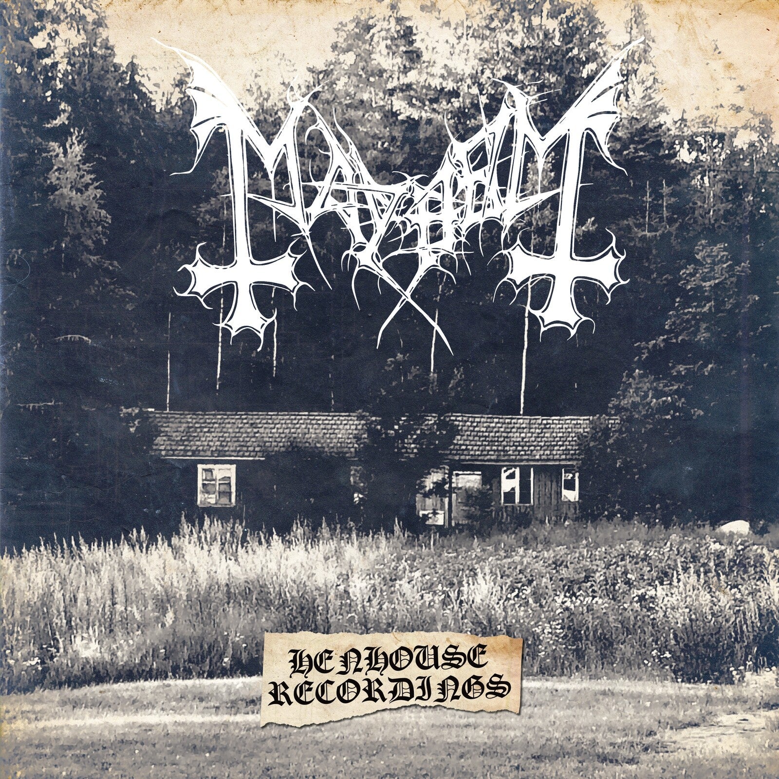Black and white album cover for Mayhem, featuring a rural cabin and band logo.