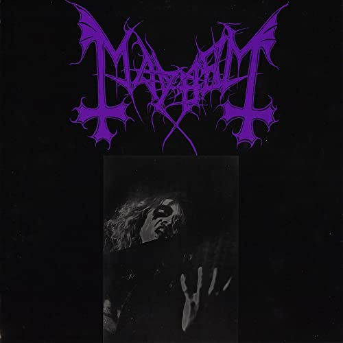 CD case with Mayhem band logo and dark artwork, possibly featuring a cityscape.