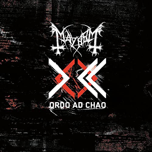 Mayhem album cover: black background with white logo and red geometric design.