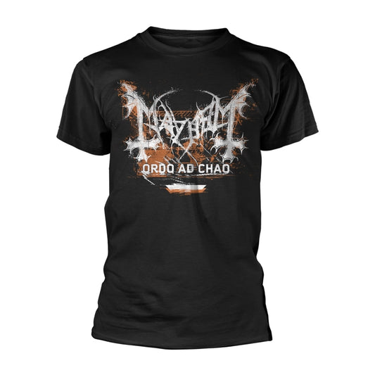 Black t-shirt with white and orange "MAYHEM - ORDO AD CHAO" graphic.