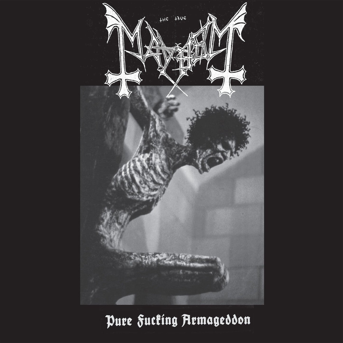 Black and white CD cover for Mayhem’s “Pfa Demo” with disturbing imagery.