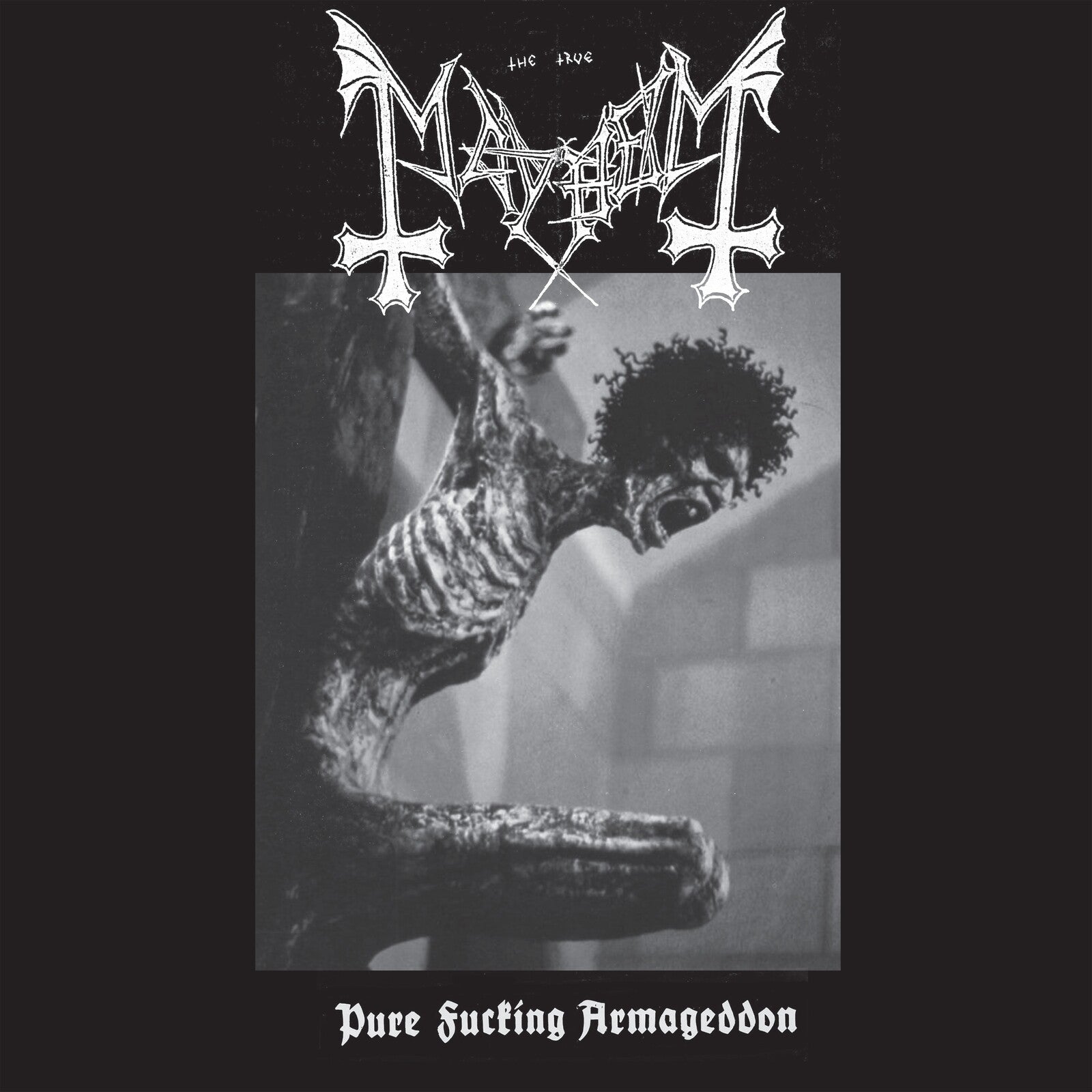 Black and white CD cover for Mayhem’s “Pfa Demo” with disturbing imagery.