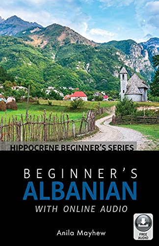 Book cover: Albanian landscape with text “Beginner’s Albanian with Online Audio”.
