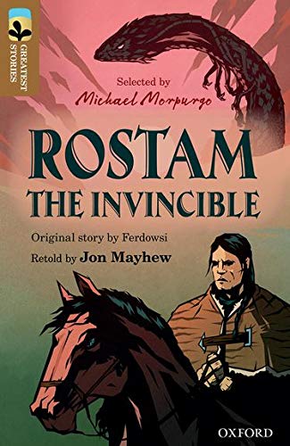 Book cover: “Rostam the Invincible” featuring a warrior on horseback and a dragon.