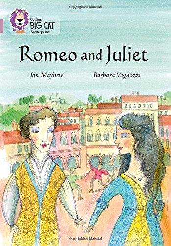 Book cover of "Romeo and Juliet" featuring illustrated characters and a town.