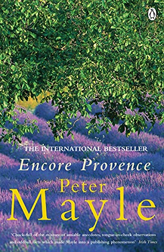 Book cover: lavender fields under trees, title “Encore Provence” by Peter Mayle.