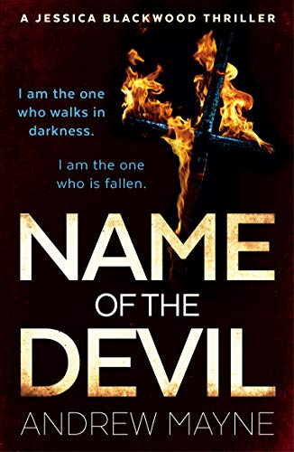 Book cover: flaming cross, dark background, and bold title "Name of the Devil".