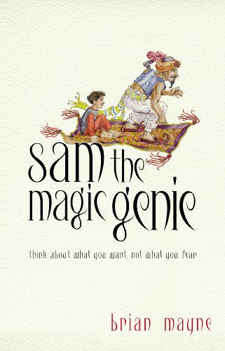 Book cover: boy and genie on a flying carpet, illustrated style.