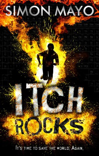 The image depicts a book cover with a person surrounded by flames. Alt text: Book cover with a person running amidst flames and explosive text.