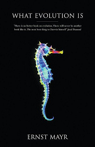 Book cover: "What Evolution Is" with a colorful seahorse image.