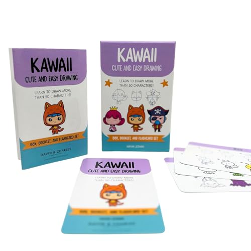 A Kawaii drawing instruction box set with a booklet, flashcards, and illustrated character examples.