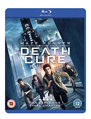 Blu-ray cover for Maze Runner: The Death Cure featuring four characters running from buildings.