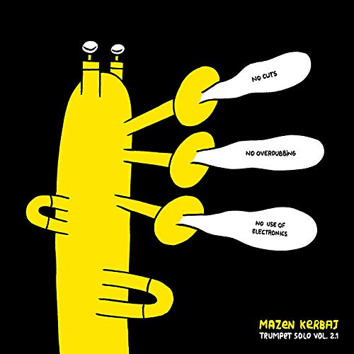 Yellow cartoon trumpet with speech bubbles on a black background.
