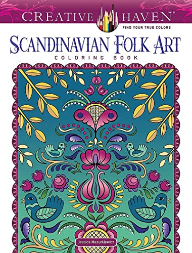 Cover of coloring book featuring detailed Scandinavian folk art with birds and flowers.
