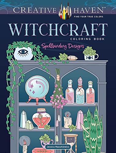 Coloring book cover depicting witchcraft symbols, a crystal ball, and potion bottles.