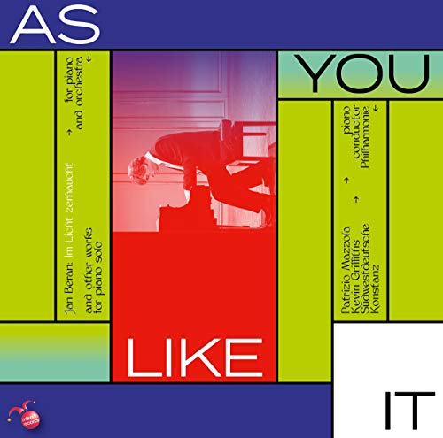 "CD cover with 'As You Like It' title, multicolored grid, and pianist image."