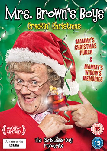 Mrs. Brown wearing a Santa hat and holding a drink on a green background.