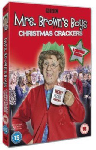DVD cover for “Mrs. Brown’s Boys Christmas Crackers” featuring characters.