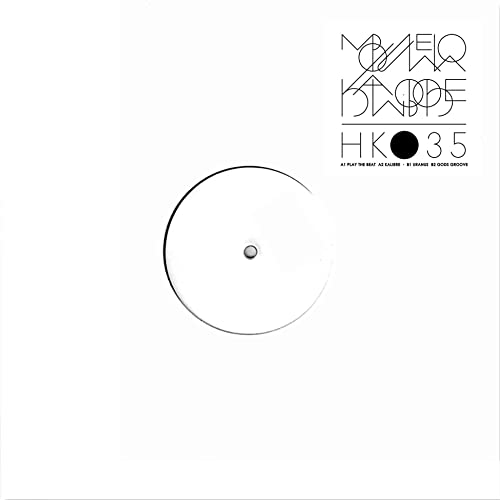 White vinyl record with black abstract text and circular design.