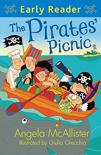 Colorful illustration of pirates in a small boat with picnic food.