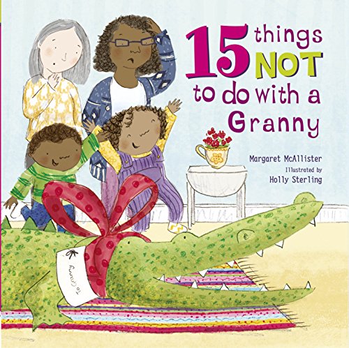 Children with a granny, alligator, and wrapped gift in illustrated book cover.