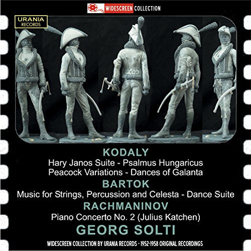 "CD cover with five figurines and classical music composition details on a black background."