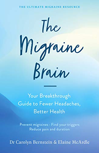 Book cover with blue and white design, title “The Migraine Brain.”