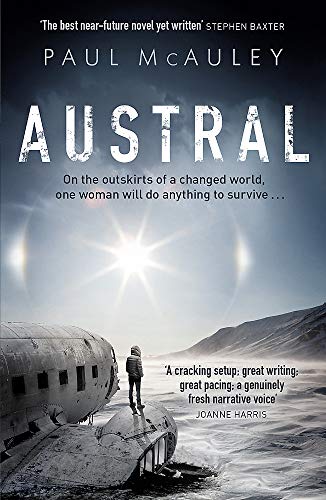 Book cover for "Austral" depicting a lone figure near a crashed plane.