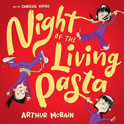 Book cover: children battling spaghetti on a red background.