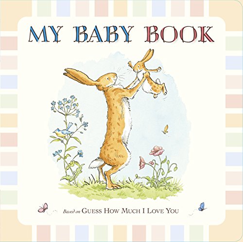 Baby book cover with large and small hares, flowers, and butterflies.