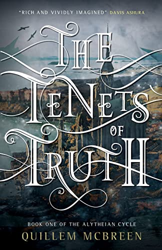 Book cover: “The Tenets of Truth” featuring a dark, fantastical cityscape.