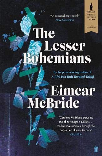 Book cover for The Lesser Bohemians featuring a blue rose collage on black background.