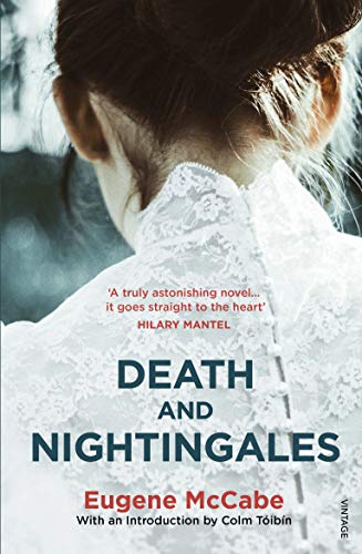 Book cover: woman’s back and shoulders, title “Death and Nightingales” in red.