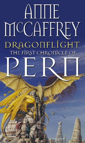 Book cover for Dragonflight by Anne McCaffrey featuring golden dragons on a rocky landscape.