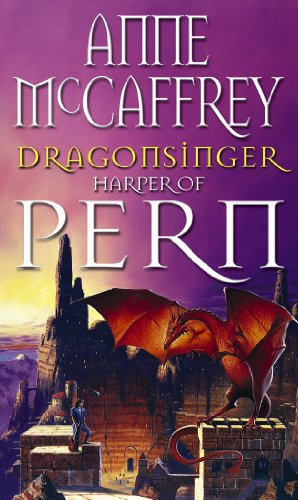 Book cover: a red dragon flies over a castle with a person below.