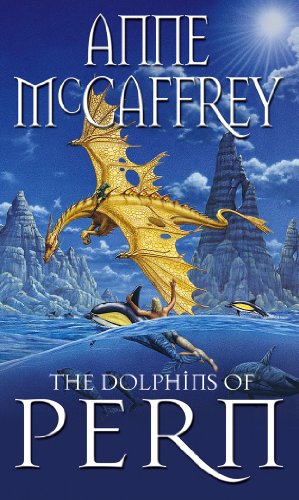 Book cover: golden dragon flying over ocean with dolphins and riders.