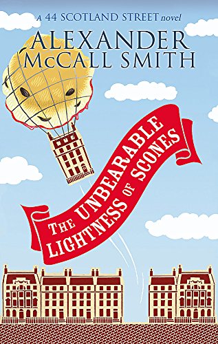 Book cover showing a scone-shaped hot air balloon floating above a city street.