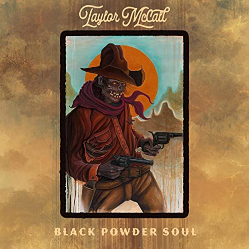 Album cover: skeletal cowboy with guns, orange sun, and desert landscape.
