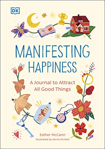 Book cover with illustrated objects and blue text: "Manifesting Happiness.