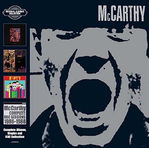 "CD cover with grey face on dark background, 'McCarthy' text, and album art thumbnails."
