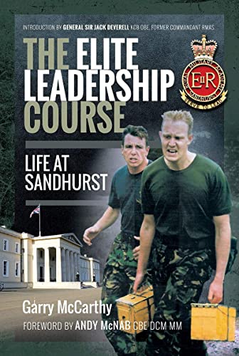 Book cover showing two soldiers in camouflage carrying crates in front of Sandhurst academy.
