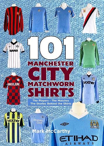 Book cover featuring multiple vintage Manchester City football shirts against a blue textured background.
